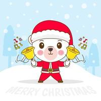 Hand drawn cute Polar bear wears Santa hat with bells christmas season cartoon. Kawaii animal character. Merry Christmas greetings card vector