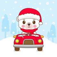lindo oso polar dibujado a mano lleva sombrero de santa conduciendo coche dibujos animados de temporada navideña. carácter animal kawaii. tarjeta de felicitaciones de feliz navidad