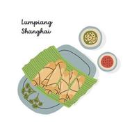 Lumpiang Shanghai dish with sauce. Filipino snack chinese spring rolls. Asian street food flat illustration on isolated white background vector