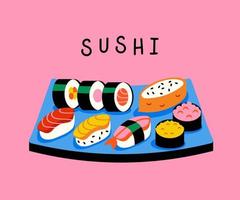 comida tradicional de sushi asiático. sashimi, rollos, en un plato. vector