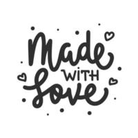 Made with love, modern ink brush monoline calligraphy. Handwritten lettering with hearts. vector