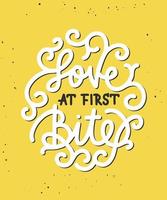 Love at first bite, modern ink brush calligraphy in circle. Handwritten lettering with curls. vector