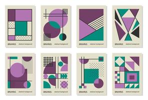 Set of 8 minimal vintage 20s geometric design posters, wall art, template, layout with primitive shapes elements. Bauhaus retro pattern background, vector abstract circle, triangle and square line art