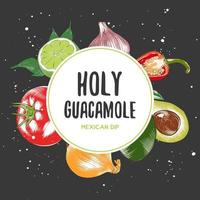 Vector vintage background with engraved hand drawn sketches of guacamole ingredients. Organic craft vegetables and spices illustrations. Mexican cuisine top view frame. Food menu design template.