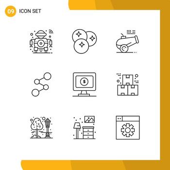 Editable Vector Line Pack of 9 Simple Outlines of crypto currency coin fruits spreadcoin howitzer Editable Vector Design Elements