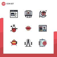 Mobile Interface Filledline Flat Color Set of 9 Pictograms of wifi lock insurance iot gift Editable Vector Design Elements