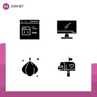 Set of 4 Commercial Solid Glyphs pack for code pc development monitor onion Editable Vector Design Elements