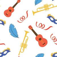 seamless carnival pattern ukulele, trumpet, mask, feathers. Vector illustration.