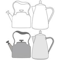 Set off Kettle vector art. Teapot tamplate. Kettle with handle isolated on white background. Kettle in line art style vector for coloring book.