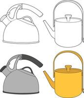 Set off Kettle vector art. Teapot tamplate. Kettle with handle isolated on white background. Kettle in line art style vector for coloring book.