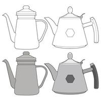 Set off Kettle vector art. Teapot tamplate. Kettle with handle isolated on white background. Kettle in line art style vector for coloring book.