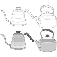Set off Kettle vector art. Teapot tamplate. Kettle with handle isolated on white background. Kettle in line art style vector for coloring book.