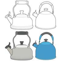 Set off Kettle vector art. Teapot tamplate. Kettle with handle isolated on white background. Kettle in line art style vector for coloring book.