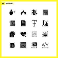 Pack of 16 Modern Solid Glyphs Signs and Symbols for Web Print Media such as architecture user interface spark video valentine Editable Vector Design Elements