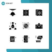 Mobile Interface Solid Glyph Set of 9 Pictograms of eye net view internet globe Editable Vector Design Elements