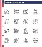 Pack of 16 creative USA Independence Day related Lines of wine drink date alcohol summer Editable USA Day Vector Design Elements