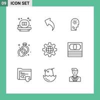 User Interface Pack of 9 Basic Outlines of world globe brain ring diamond Editable Vector Design Elements