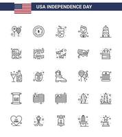 Big Pack of 25 USA Happy Independence Day USA Vector Lines and Editable Symbols of building plent alcohol usa flower Editable USA Day Vector Design Elements