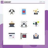 Pack of 9 Modern Flat Colors Signs and Symbols for Web Print Media such as headphone cupcake food manager candle bakery Editable Vector Design Elements