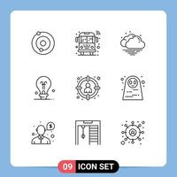 Pack of 9 Modern Outlines Signs and Symbols for Web Print Media such as target hunting warm head idea Editable Vector Design Elements