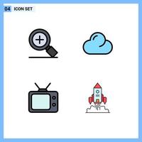 Universal Icon Symbols Group of 4 Modern Filledline Flat Colors of magnifier rocket cloud television startup Editable Vector Design Elements