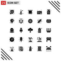 Pack of 25 Modern Solid Glyphs Signs and Symbols for Web Print Media such as pharmacy drug bath music audio Editable Vector Design Elements