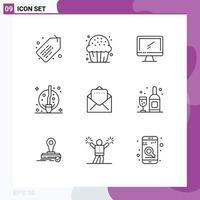 Pack of 9 Modern Outlines Signs and Symbols for Web Print Media such as document moon computer fly pc Editable Vector Design Elements
