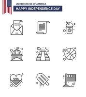 Line Pack of 9 USA Independence Day Symbols of white landmark usa house soda Editable USA Day Vector Design Elements