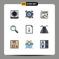 Pack of 9 Modern Filledline Flat Colors Signs and Symbols for Web Print Media such as document magnify time magnifier strategy Editable Vector Design Elements