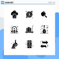 Modern Set of 9 Solid Glyphs Pictograph of luggage learning pong headphone audio book Editable Vector Design Elements