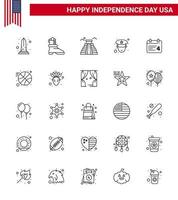 Set of 25 Vector Lines on 4th July USA Independence Day such as date calender building police man Editable USA Day Vector Design Elements