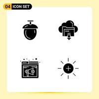 paquete de 4 signos y símbolos de glifos sólidos modernos para medios de impresión web, como descarga de internet forestal, elementos de diseño de vectores editables de altavoces en la nube