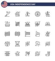 paquete de 25 líneas de celebración del día de la independencia de EE. UU. Signos y símbolos del 4 de julio, como carteles de cactus, tienda, bebida, deporte, elementos de diseño vectorial editables del día de EE. UU. vector