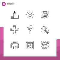 Set of 9 Commercial Outlines pack for beverage beach music transportation cross wrench Editable Vector Design Elements