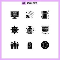 Modern Set of 9 Solid Glyphs and symbols such as medication gear space security smart Editable Vector Design Elements