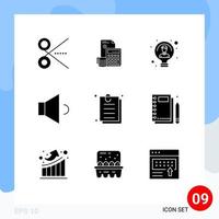 Group of 9 Modern Solid Glyphs Set for sound person debt light bulb Editable Vector Design Elements