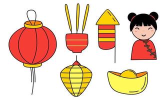 Happy chinese new year cartoon sketch celebration elements vector