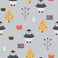 Winter pattern with cute penguins, gifts and trees, for print, wrapping paper vector