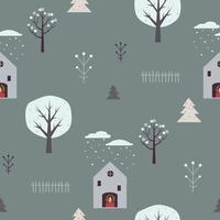 Winter pattern  for wrapping paper with cute houses and trees vector