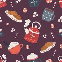 Cozy winter pattern with cups, lollipops, cookies for wrapping paper vector