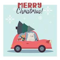 Merry christmas card, red cartoon car with christmas tree, white bear driving a car