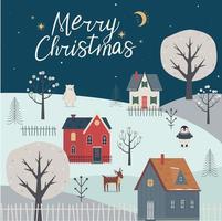 Cozy winter village with funny animals,Christmas card, Merry christmas vector