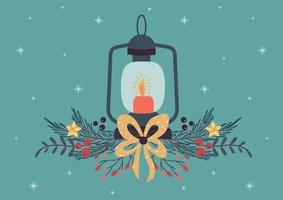 Christmas card, christmas lantern with bow and branches vector