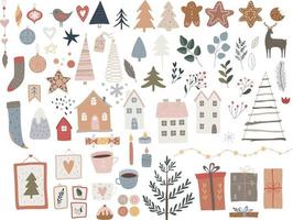 Cute hygge set with cozy winter elements for your design, trees, branches, houses, socks, decorations, animals