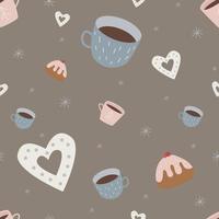 cozy winter hugge pattern with cups and cakes for wrapping paper vector