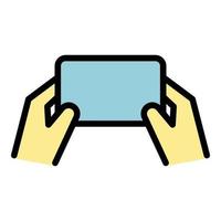 Smartphone in two hands icon color outline vector