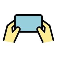 Smartphone in two hands icon color outline vector