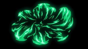 Green comic flaming fire effects transitions on black background. Cartoon animation video