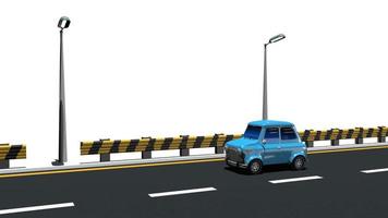Small blue compact car driving on the road during the day against a white background, time passes and it gets dark, the car's lights come on and it becomes day again. Loop sequence. 3d animation video