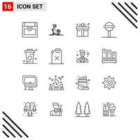 Universal Icon Symbols Group of 16 Modern Outlines of drink coffee box lollipop candy Editable Vector Design Elements